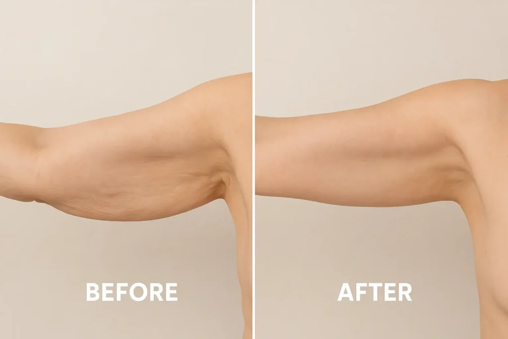Picture of LA LIPO Petersfield before and after results of skin tightening treatment on the upper arms.