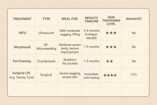Table showing the comparisons of Skin tightening Petersfield treatment options. 